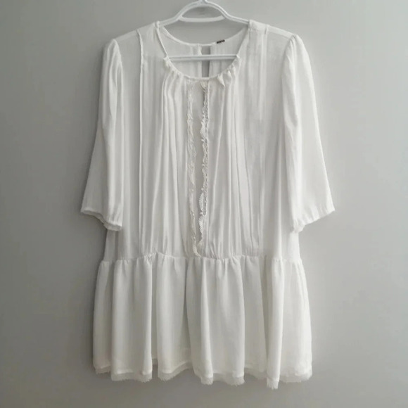Free People Bohemian Victorian Drop Waist Blouse with Lace White Small - Picture 2 of 14